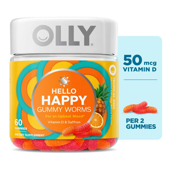 OLLY Hello Happy Gummy Worms – Tropical Zing – 60 Gummies